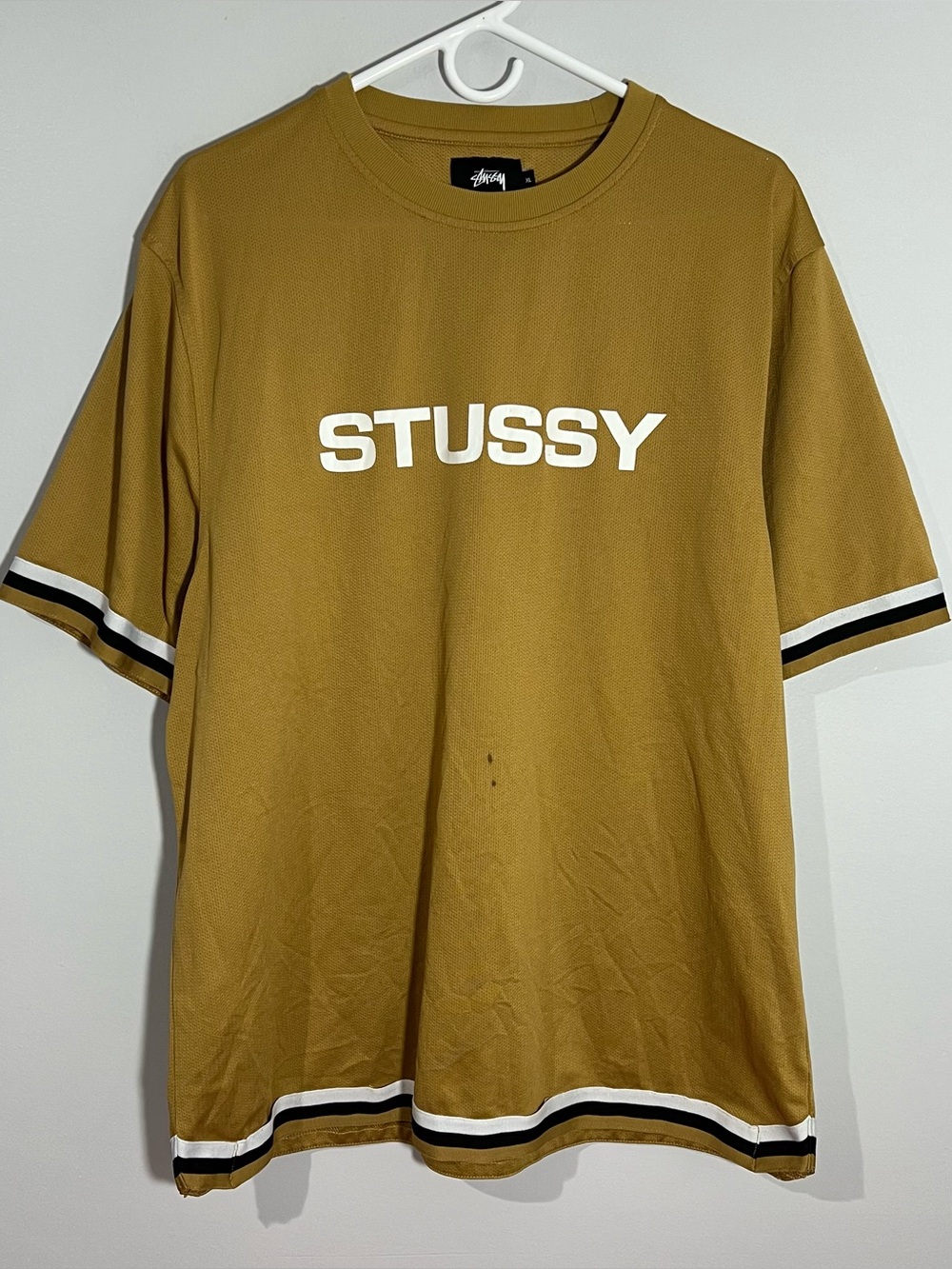 Stussy Tan Gold Brown White Black Striped Short Sleeve Jersey T-Shirt Mens XL